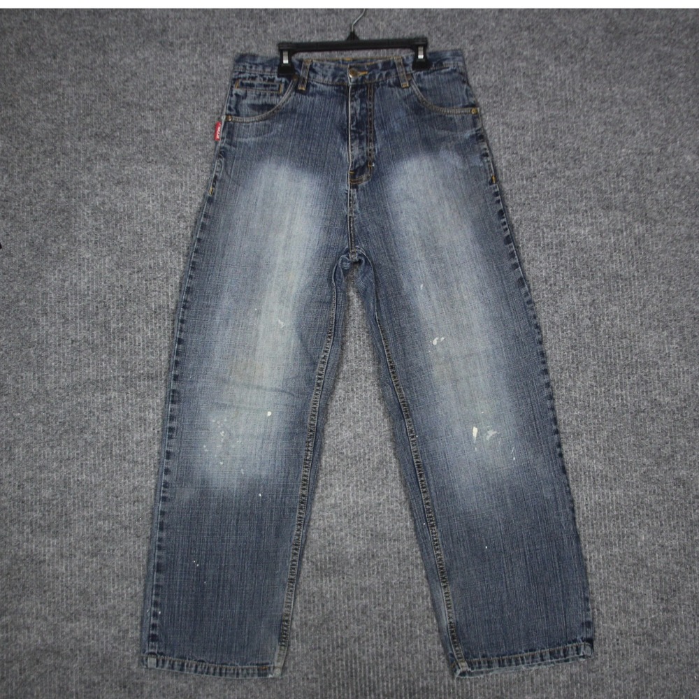 Mecca Mens Size 16 Baggy Denim Jeans Blue Paint Splatter Cotton Distressed‎ Y2K